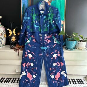 Vintage London Towne Navy Painted Trench with Pink and Green Accents 10M